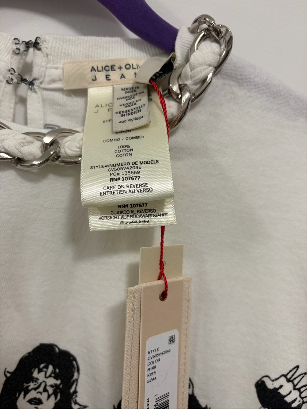Alice + Olivia White Graphic Tee with Black Band Print and Orange-Yellow Flames - Picture 5 of 5
